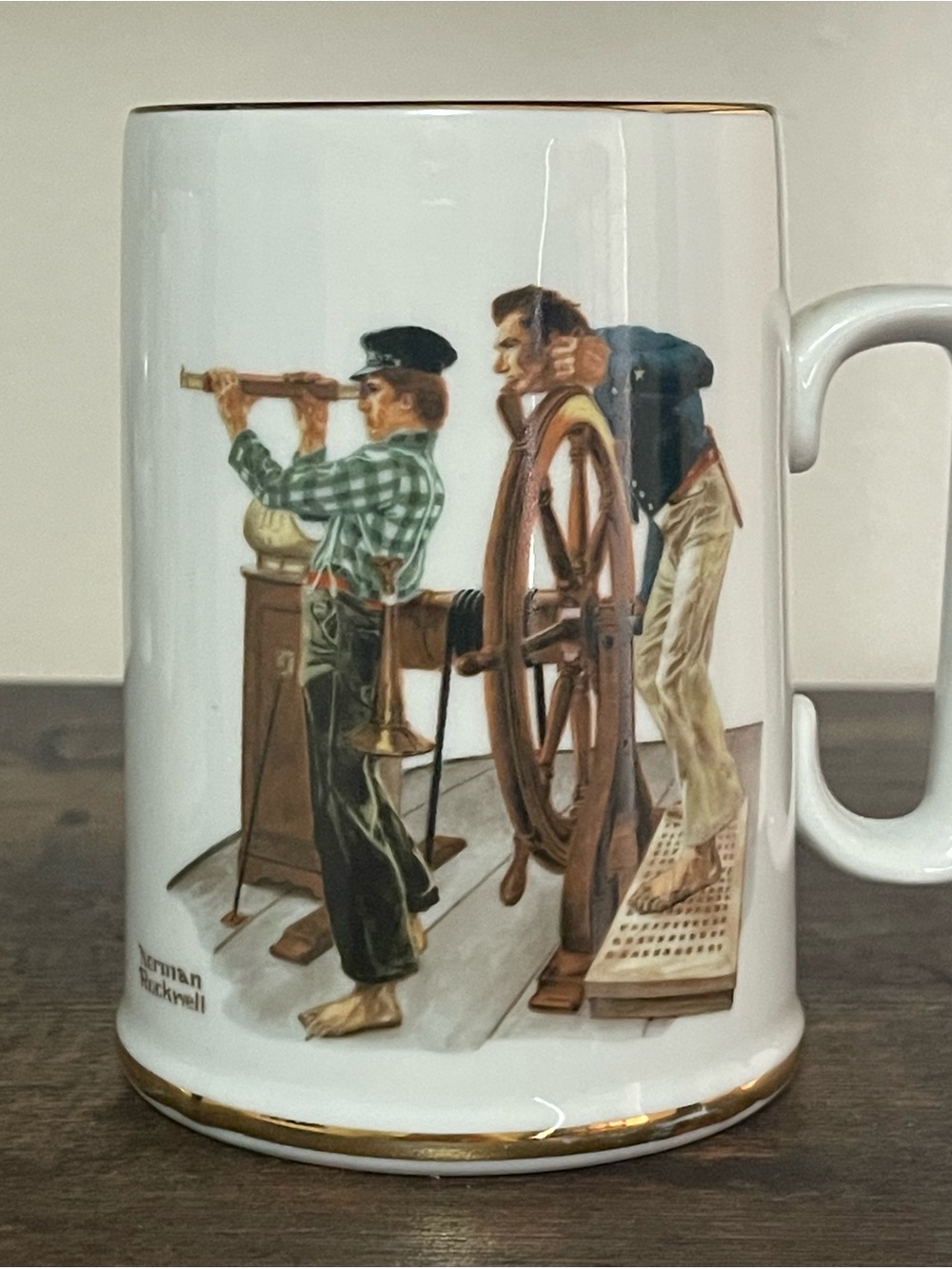 Norman Rockwell White and Gold Trim Porcelain Mug with Nautical Illustration